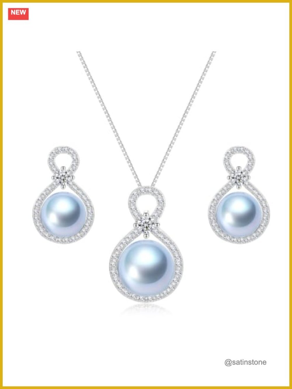 S925 Sterling Silver Pearl Necklace Earrings Set Infinity Pendant